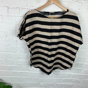 Zara Caps Sleeve Striped Tee Shirt Black/Cream M